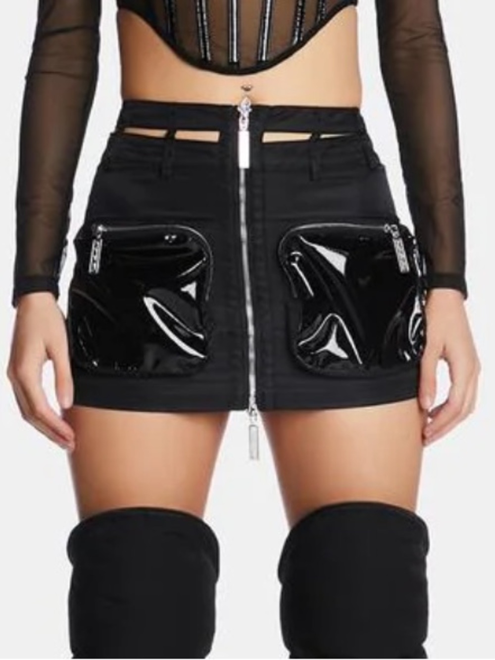 Poster Girl Lost In Fantasy Cargo Black Front-Zip Mini Skirt with Patent Pockets